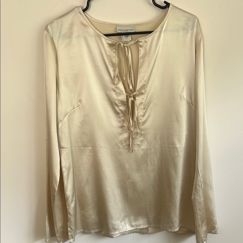 Banana Republic Silk Gold Bell Sleeve Blouse with Tie Front